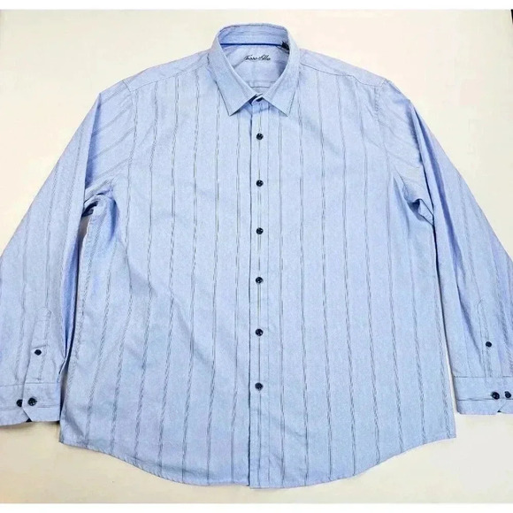 Tasso Elba Size XXL 18-18.5 Men's Blue Stripe Floral Pattern Long Sleeve Shirt - Picture 1 of 9